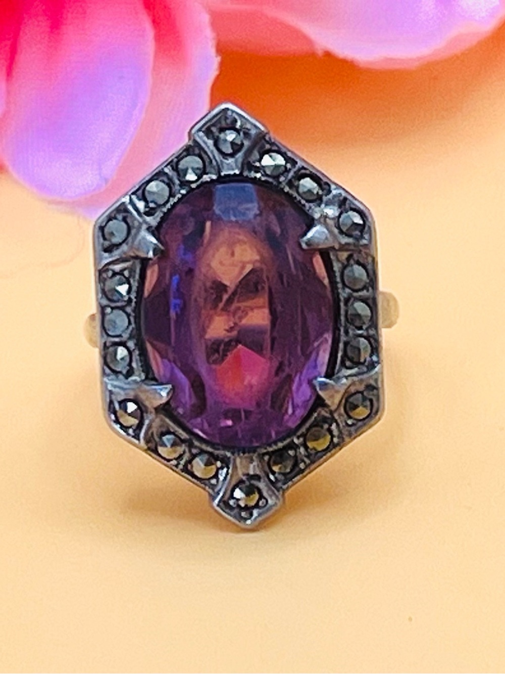 Sterling Silver Ring with Translucent Purple Stone, Size 4.5